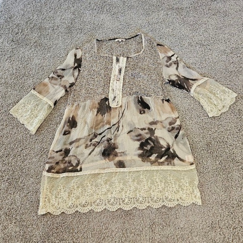 Sundance Womens Large 100% Silk Floral Lace Trim Tunic Top Brown Cream Boho